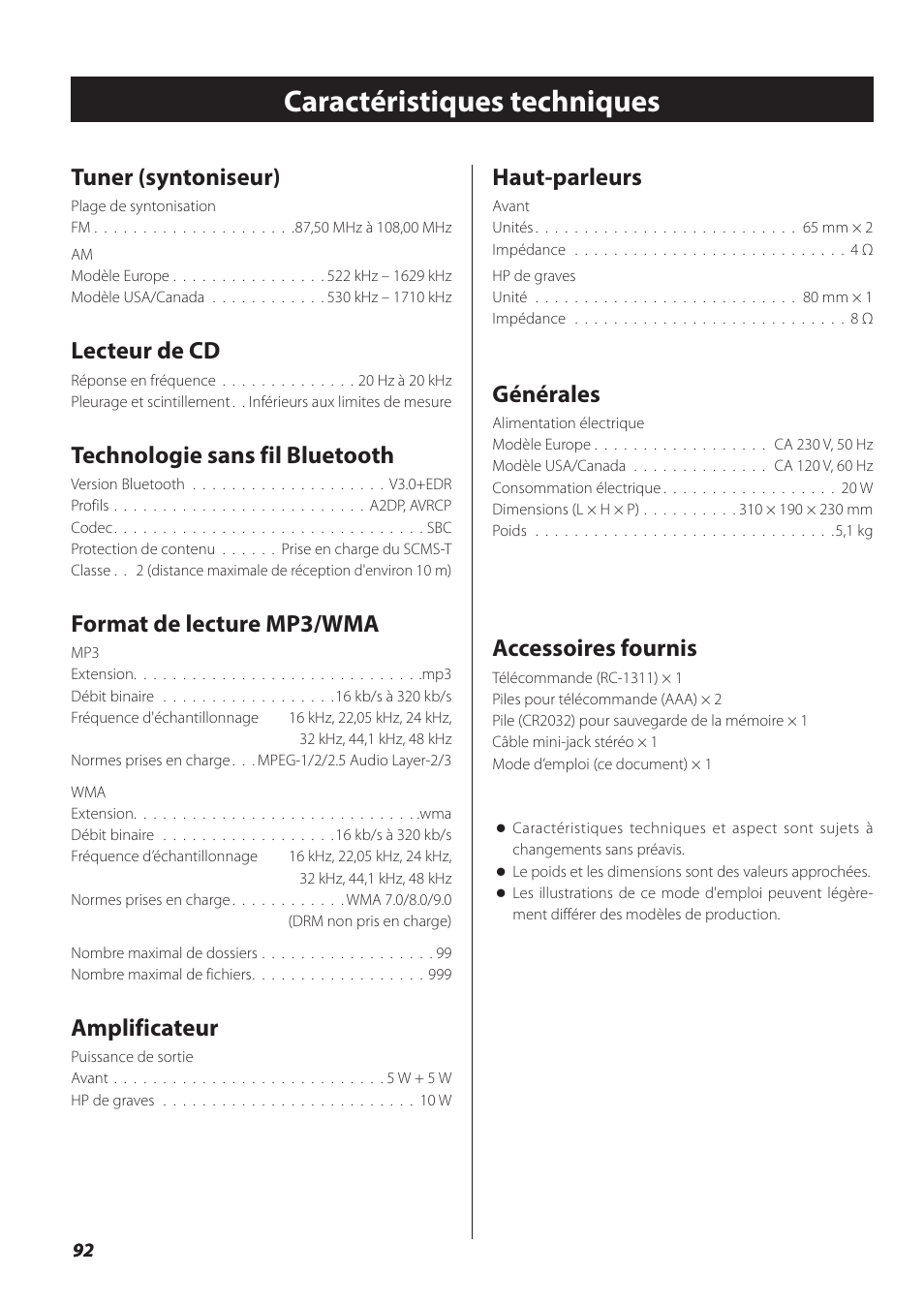 Caractéristiques techniques, Tuner (syntoniseur), Lecteur de cd | Technologie sans fil bluetooth, Format de lecture mp3/wma, Amplificateur, Haut-parleurs, Générales, Accessoires fournis | Teac SL-D930 User Manual | Page 92 / 140