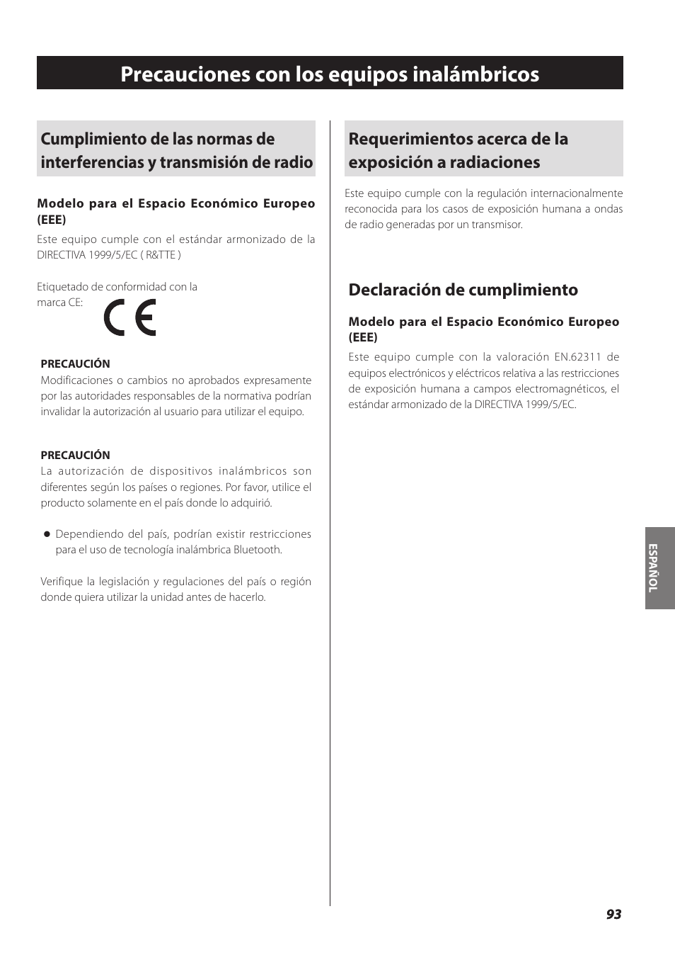 Español, Precauciones con los equipos inalámbricos, Declaración de cumplimiento | Teac SL-D930 User Manual | Page 93 / 140