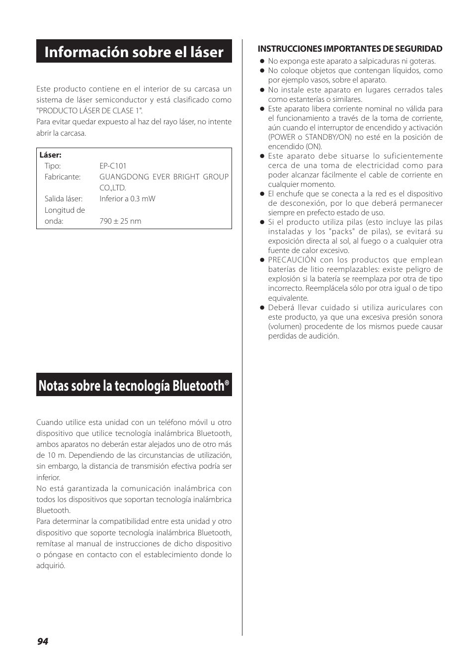 Información sobre el láser, Notas sobre la tecnología bluetooth | Teac SL-D930 User Manual | Page 94 / 140