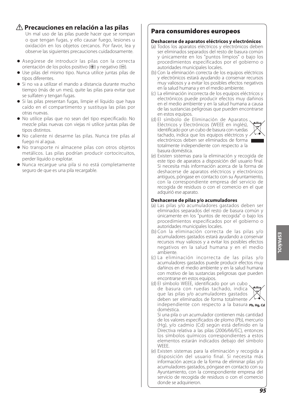 Para consumidores europeos, Q precauciones en relación a las pilas | Teac SL-D930 User Manual | Page 95 / 140