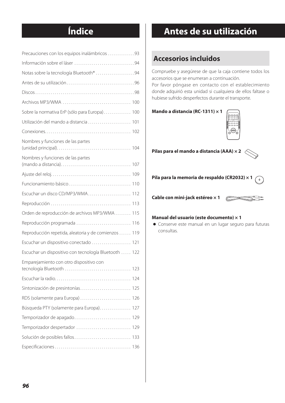 Antes de su utilización, Índice antes de su utilización, Accesorios incluidos | Teac SL-D930 User Manual | Page 96 / 140