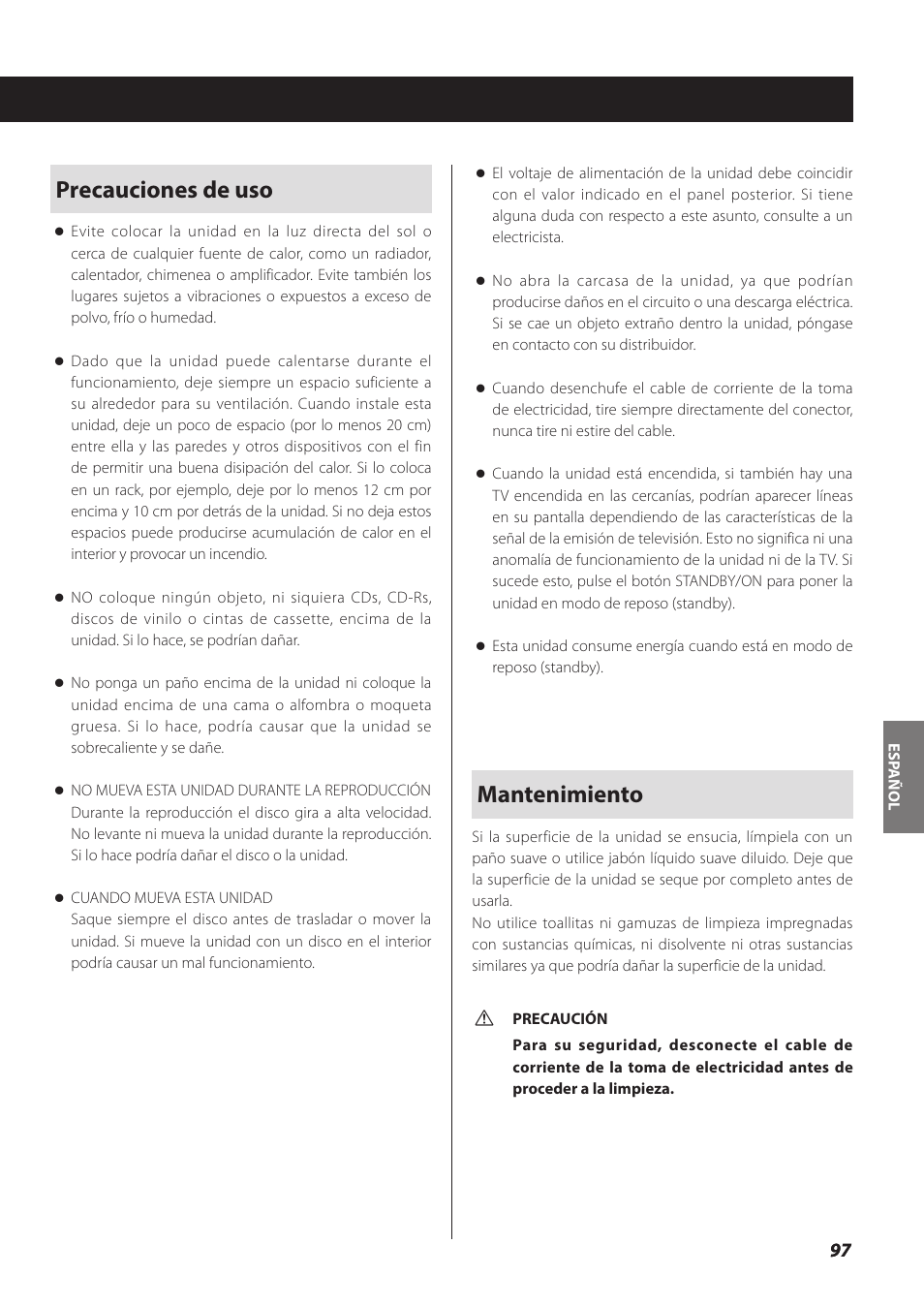 Precauciones de uso, Mantenimiento | Teac SL-D930 User Manual | Page 97 / 140