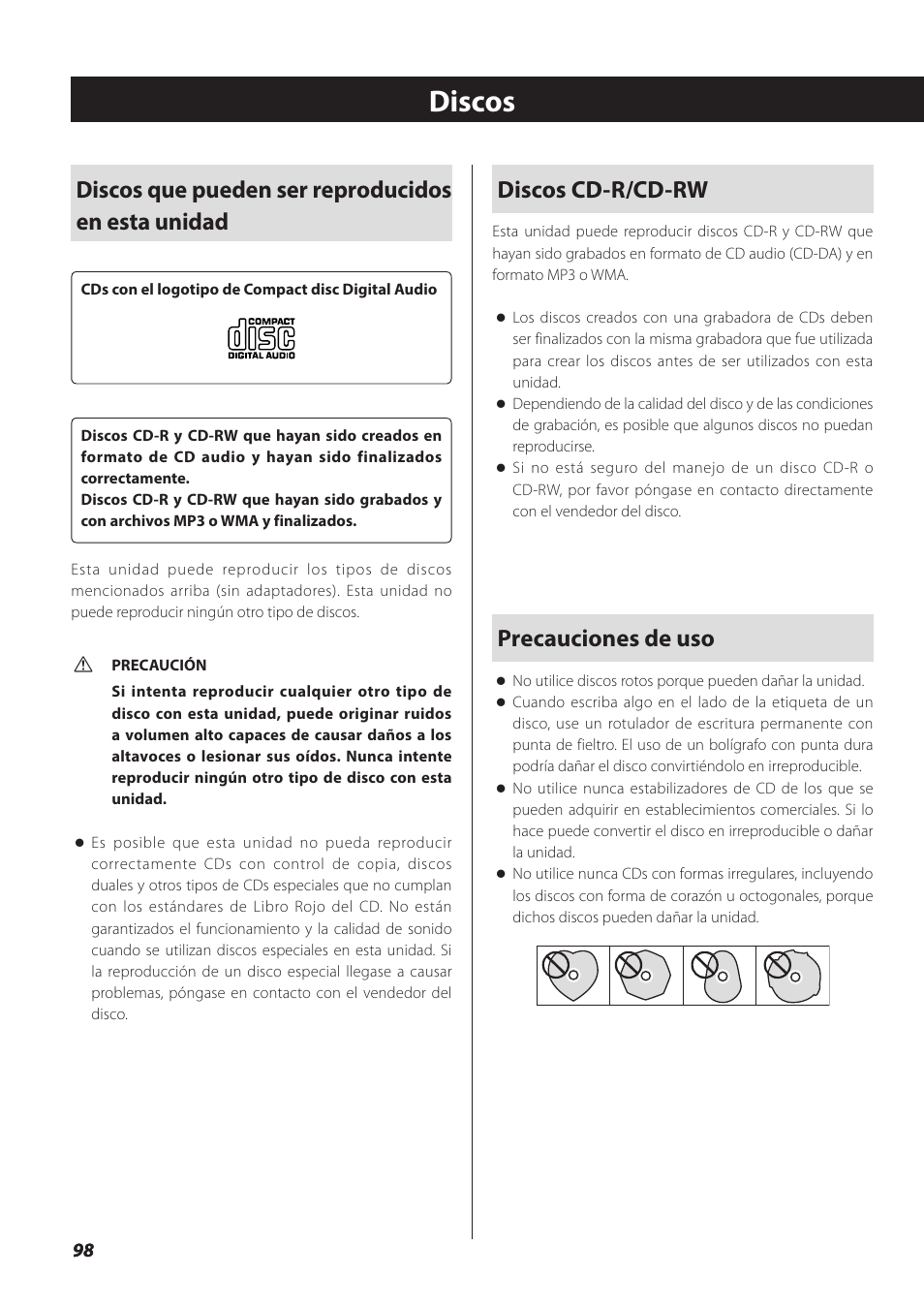 Discos, Discos que pueden ser reproducidos en esta unidad, Discos cd-r/cd-rw | Precauciones de uso | Teac SL-D930 User Manual | Page 98 / 140