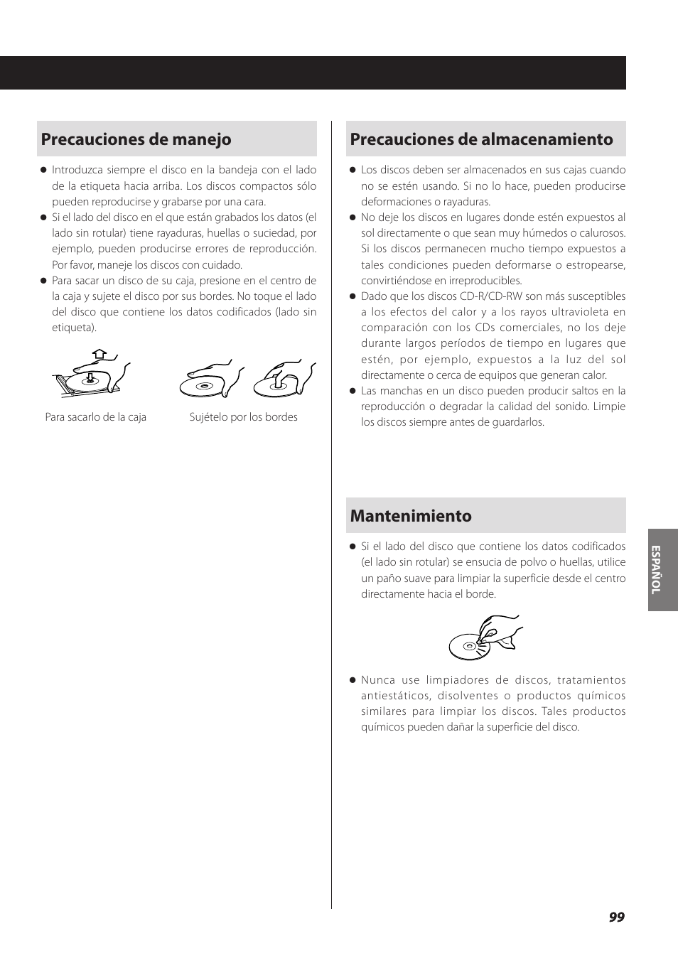 Precauciones de almacenamiento, Mantenimiento, Precauciones de manejo | Teac SL-D930 User Manual | Page 99 / 140