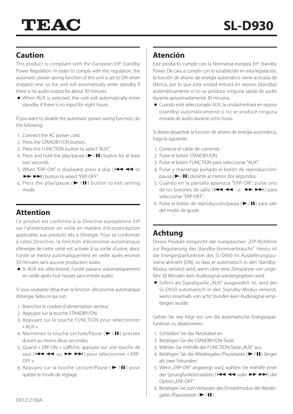 Teac SL-D930 Appendum User Manual | 2 pages