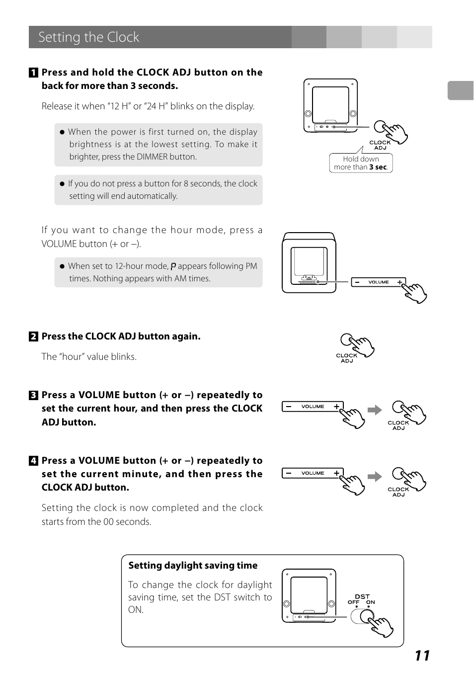 Setting the clock, Listening to an ipod/iphone | Teac SR-LUXi User Manual | Page 11 / 84