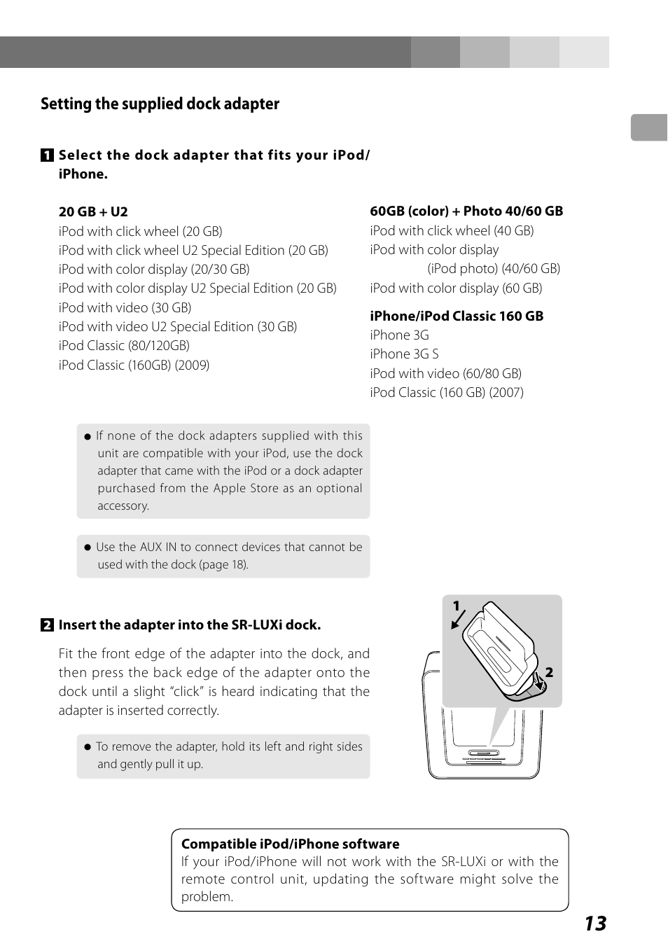 Setting the supplied dock adapter | Teac SR-LUXi User Manual | Page 13 / 84