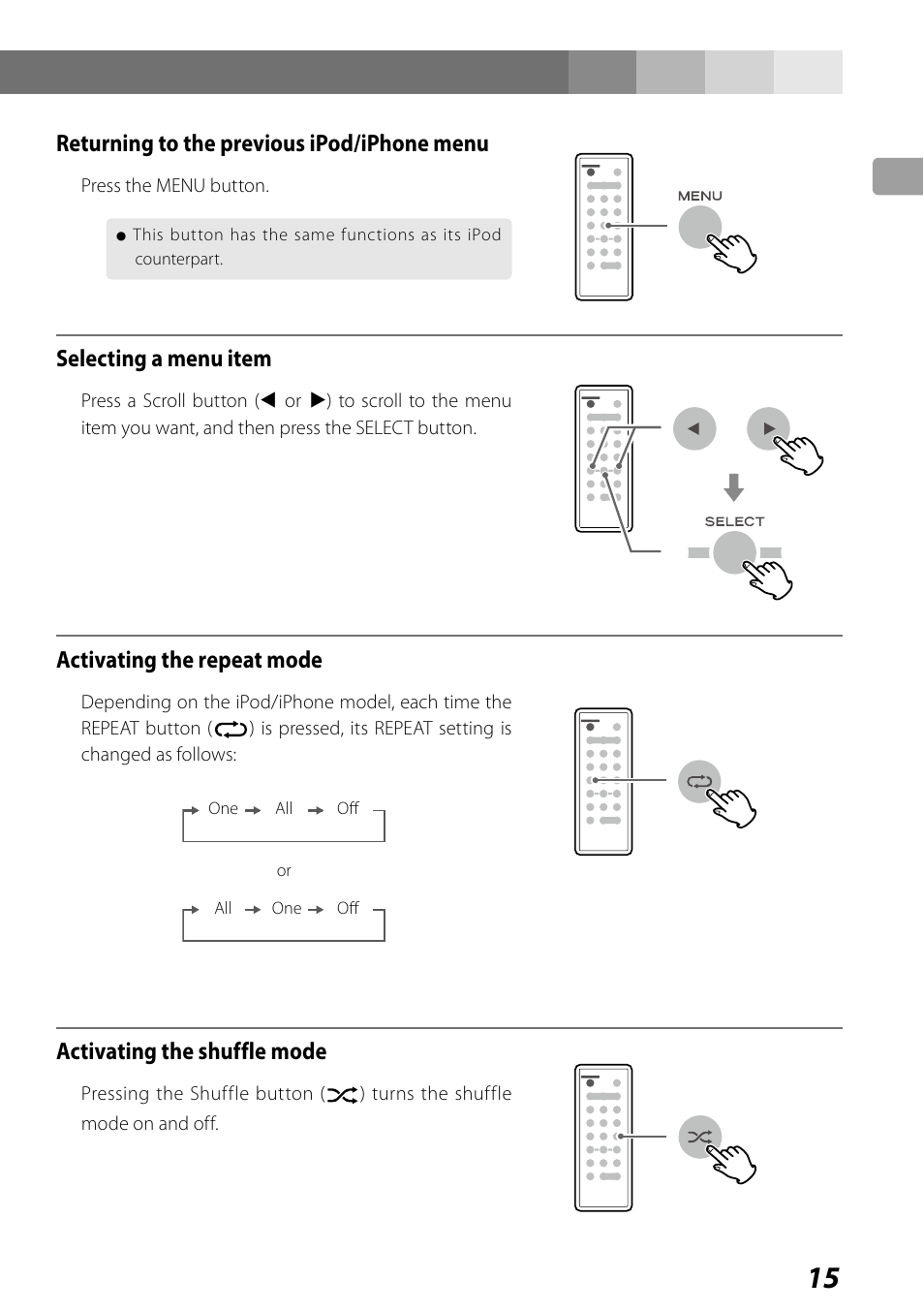 Listening to the fm radio, Returning to the previous ipod/iphone menu, Selecting a menu item | Activating the repeat mode, Activating the shuffle mode | Teac SR-LUXi User Manual | Page 15 / 84