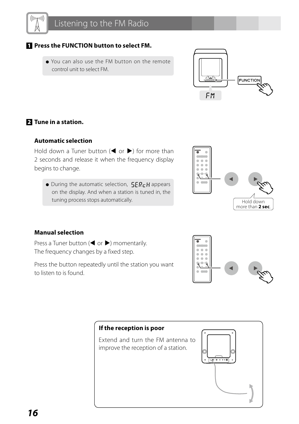 Listening to the fm radio | Teac SR-LUXi User Manual | Page 16 / 84