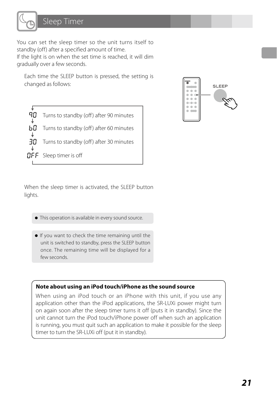 Sleep timer | Teac SR-LUXi User Manual | Page 21 / 84