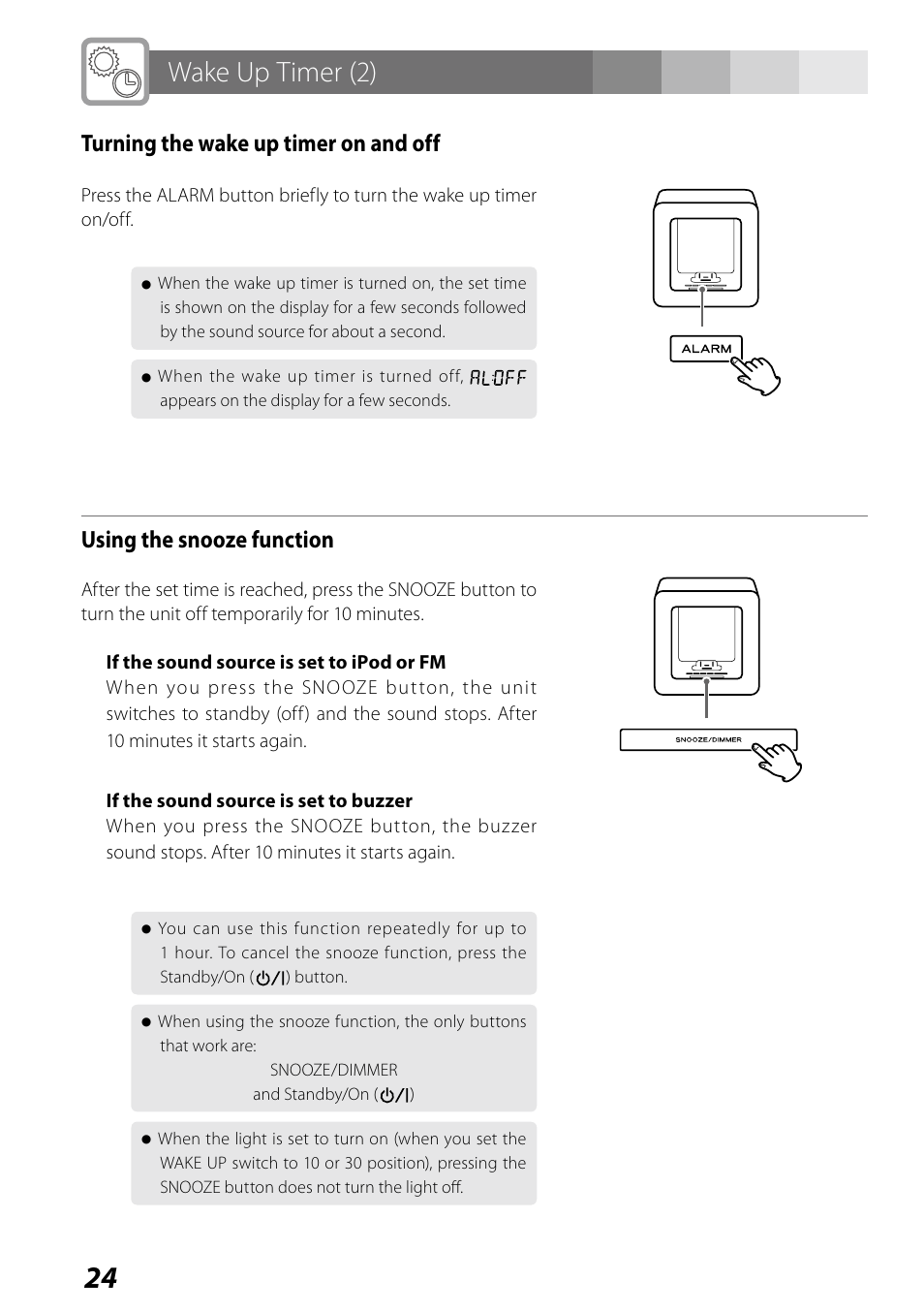 Wake up timer (2), Turning the wake up timer on and off, Using the snooze function | Teac SR-LUXi User Manual | Page 24 / 84