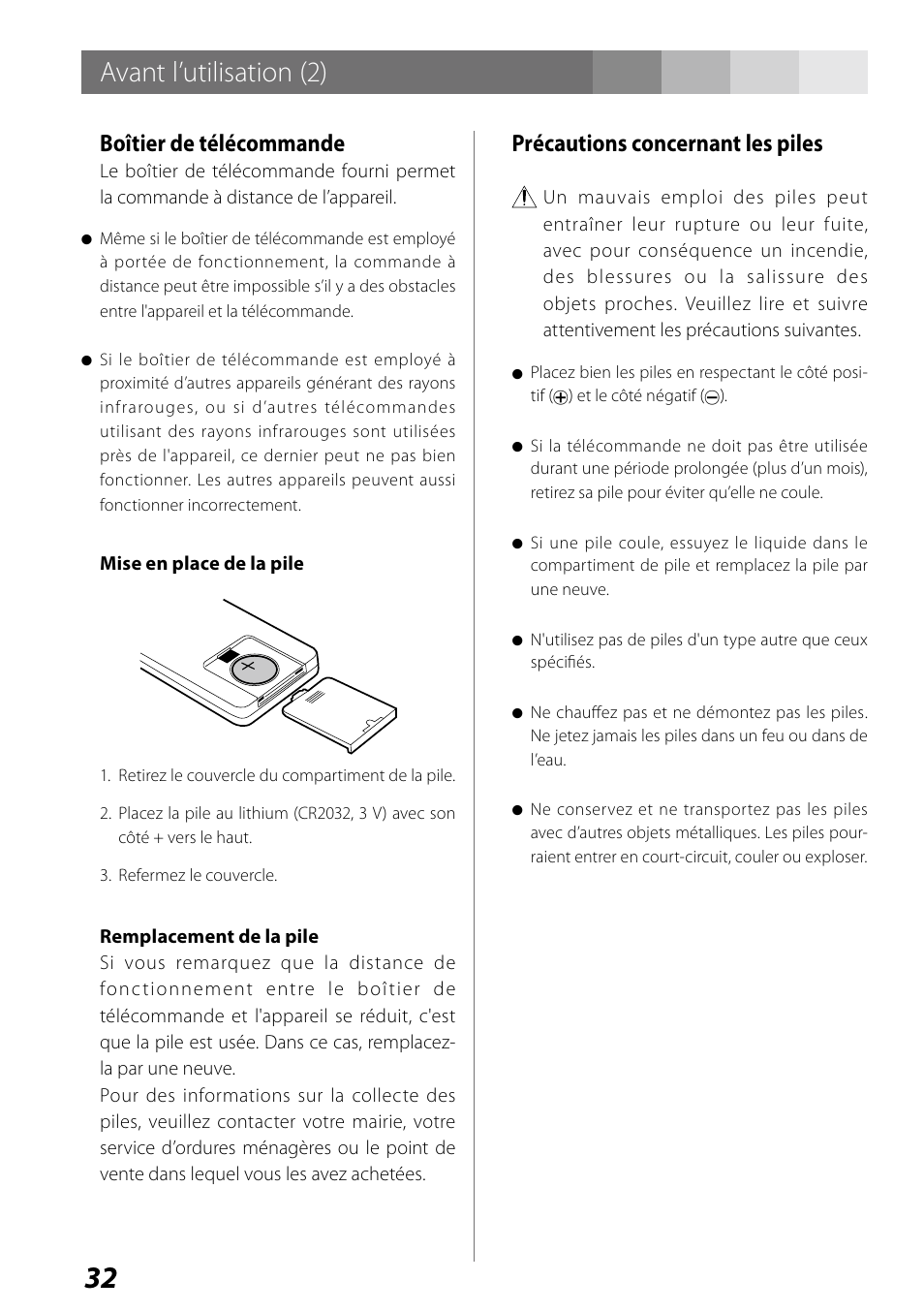 Avant l’utilisation (2), Boîtier de télécommande, Précautions concernant les piles | Teac SR-LUXi User Manual | Page 32 / 84