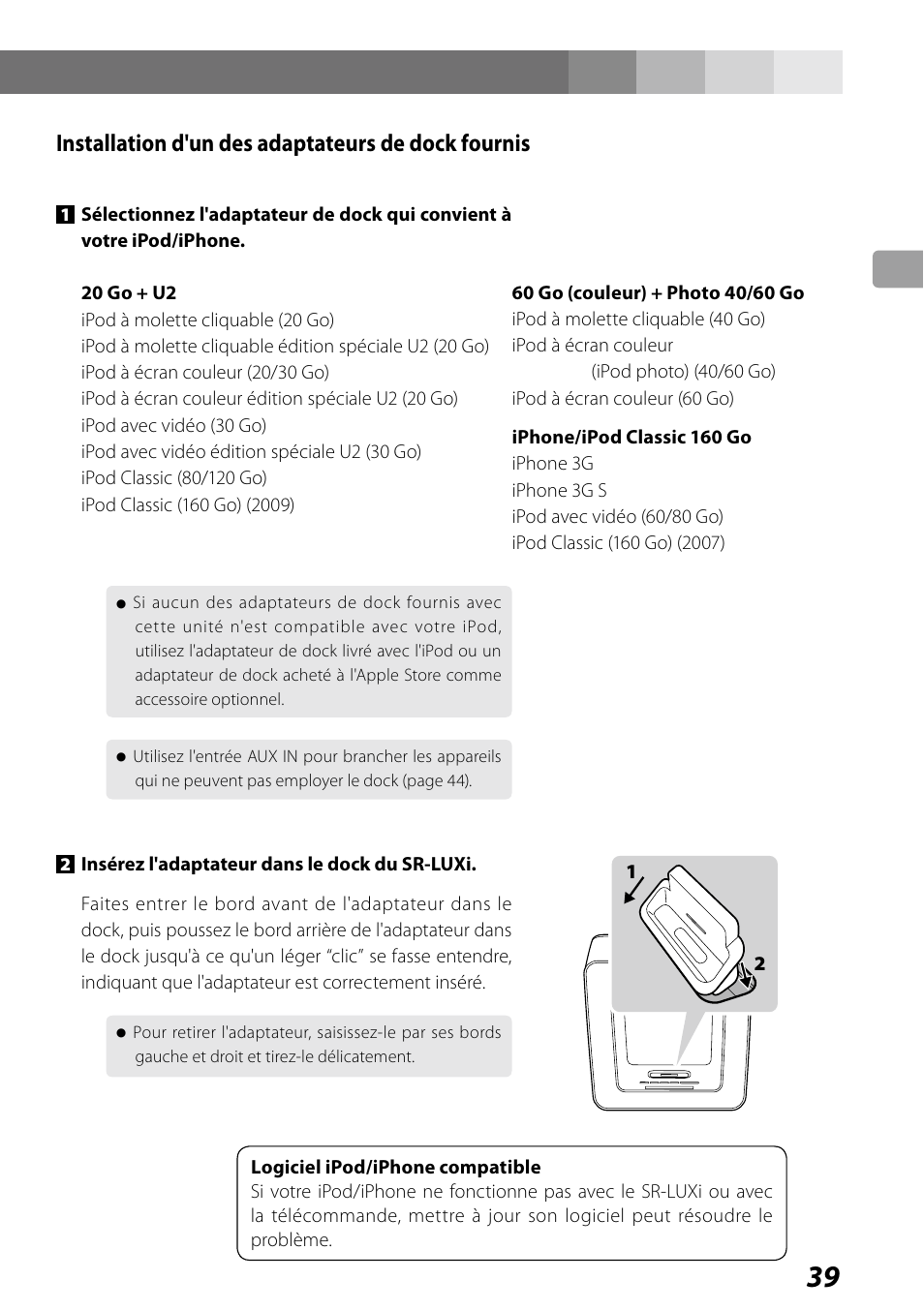 Installation d'un des adaptateurs de dock fournis | Teac SR-LUXi User Manual | Page 39 / 84