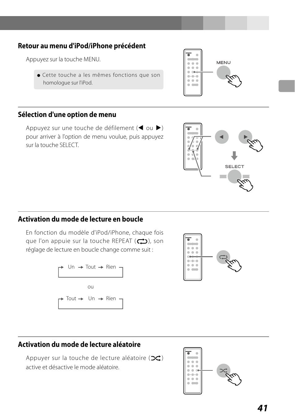 Retour au menu d'ipod/iphone précédent, Sélection d'une option de menu, Activation du mode de lecture en boucle | Activation du mode de lecture aléatoire | Teac SR-LUXi User Manual | Page 41 / 84