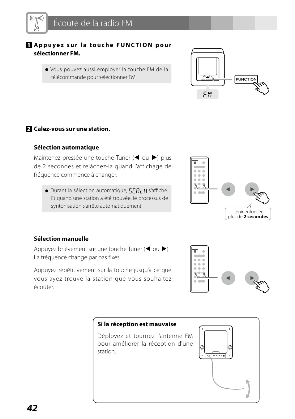 Écoute de la radio fm, Syntonisation fm préréglée | Teac SR-LUXi User Manual | Page 42 / 84