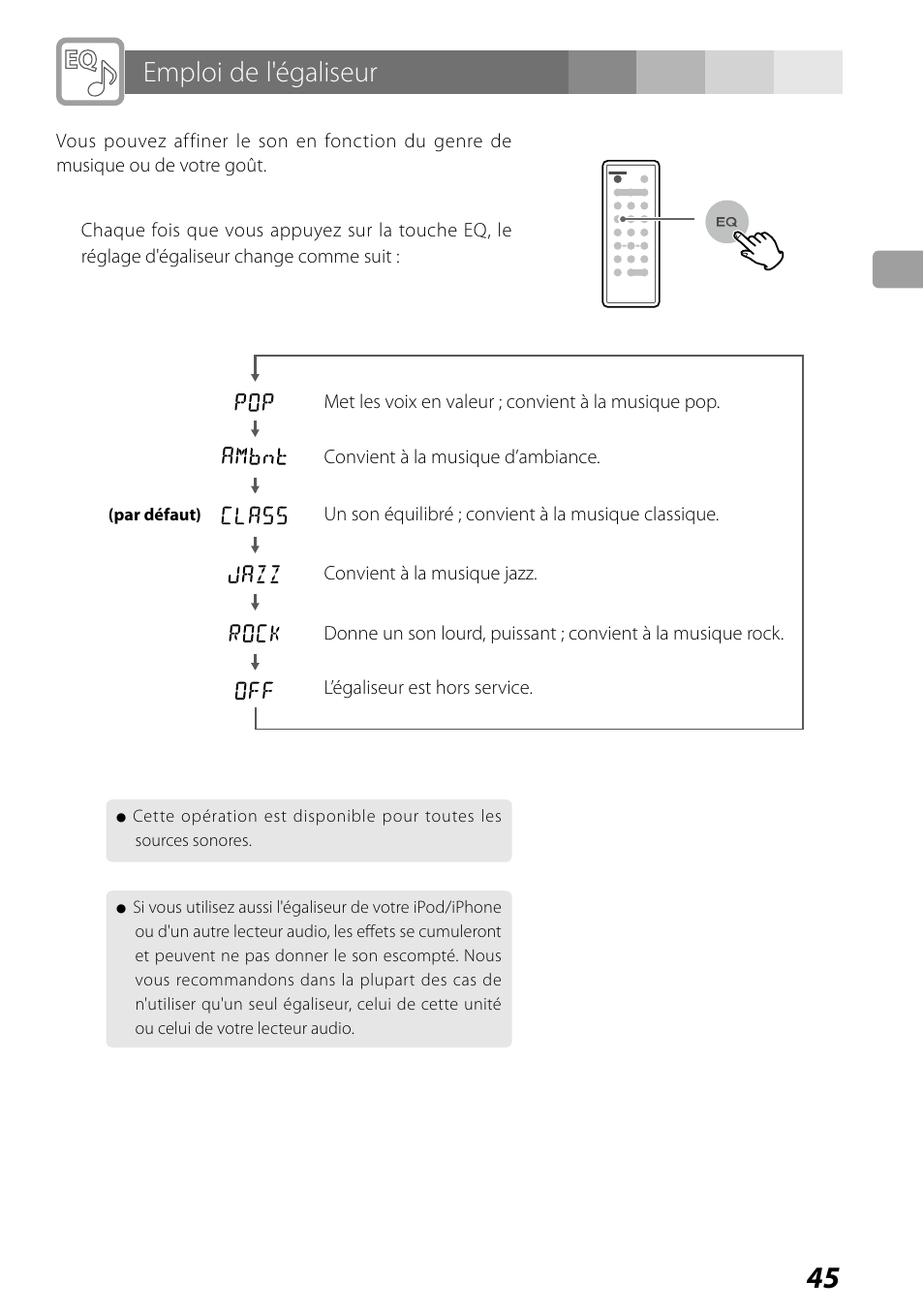 Emploi de la lampe, Emploi de l'égaliseur | Teac SR-LUXi User Manual | Page 45 / 84