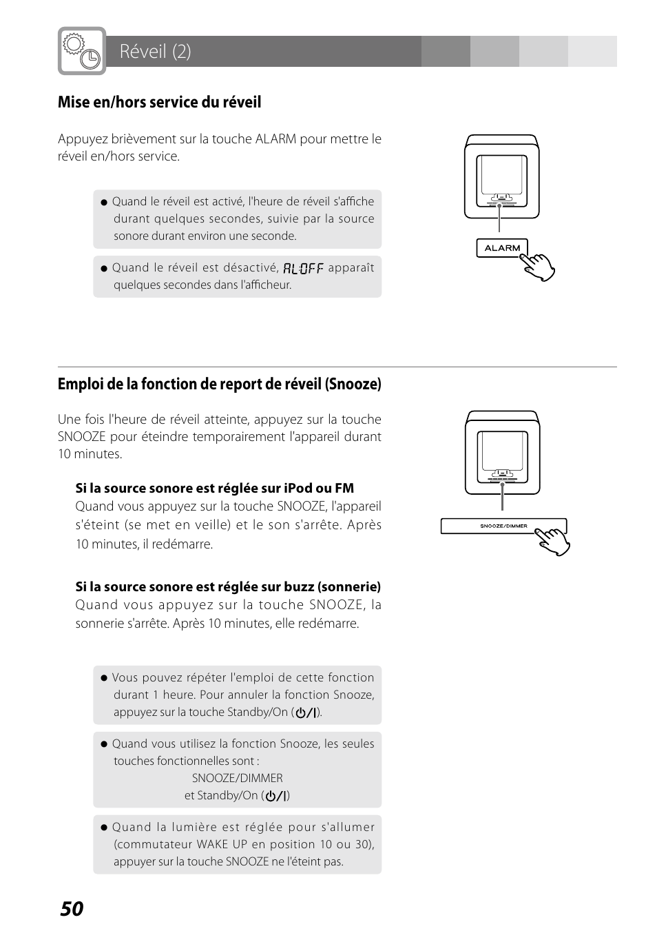 Réveil (2), Mise en/hors service du réveil, Emploi de la fonction de report de réveil (snooze) | Teac SR-LUXi User Manual | Page 50 / 84