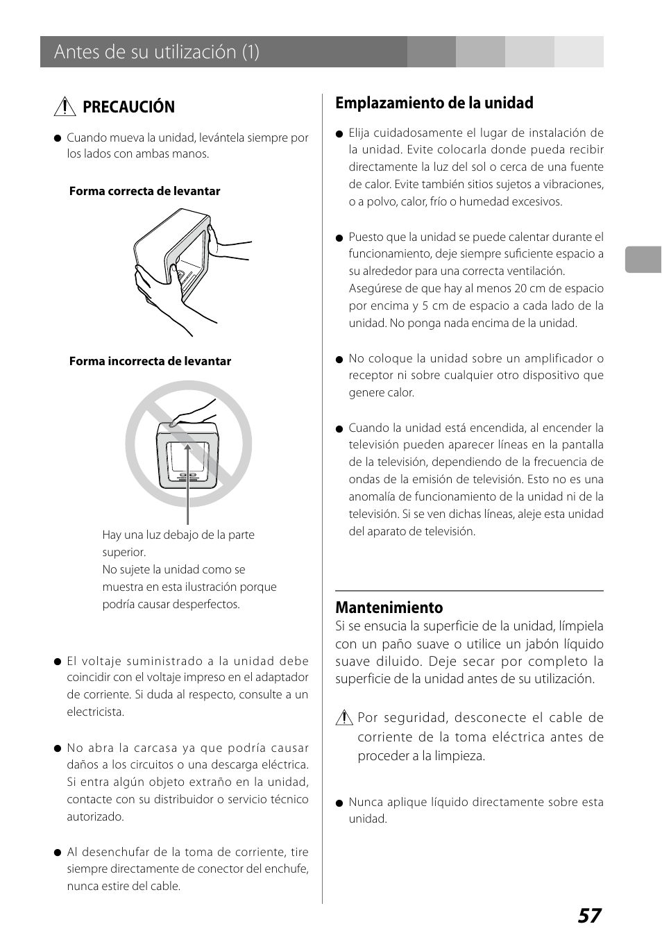 Antes de su utilización (1), Precaución, Emplazamiento de la unidad | Mantenimiento | Teac SR-LUXi User Manual | Page 57 / 84