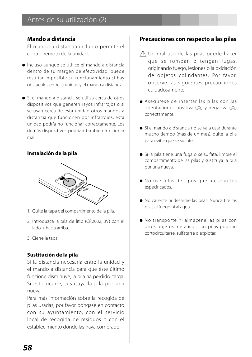 Antes de su utilización (2), Mando a distancia, Precauciones con respecto a las pilas | Teac SR-LUXi User Manual | Page 58 / 84