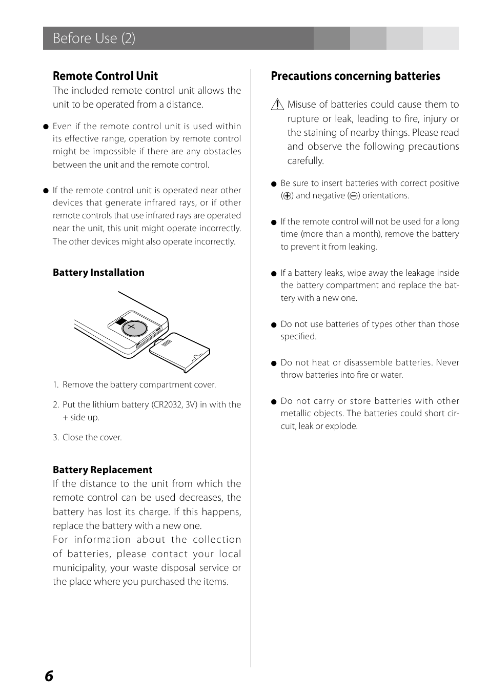 Before use (2), Remote control unit, Precautions concerning batteries | Teac SR-LUXi User Manual | Page 6 / 84