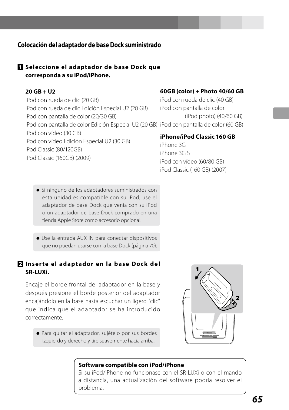 Colocación del adaptador de base dock suministrado | Teac SR-LUXi User Manual | Page 65 / 84