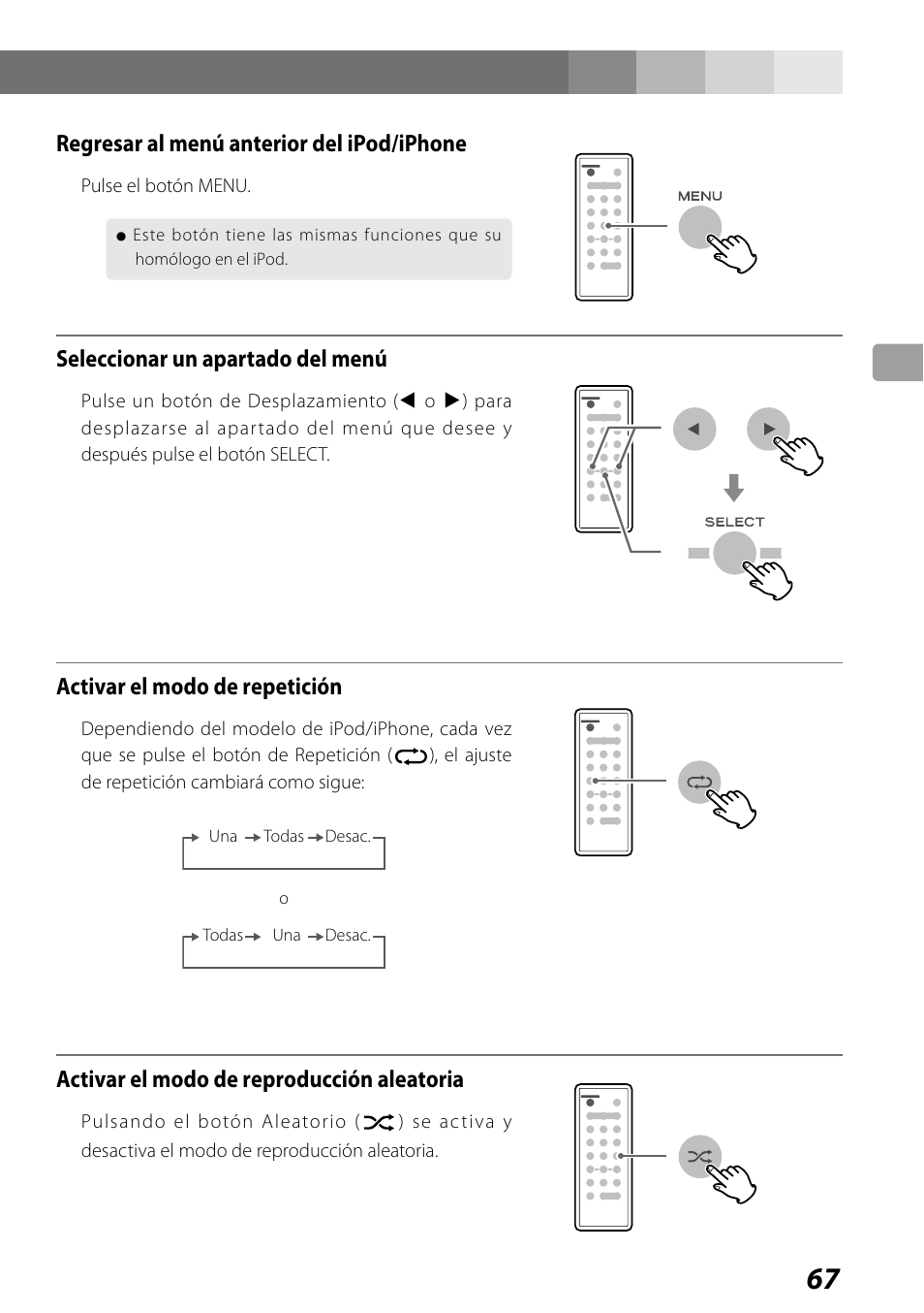 Regresar al menú anterior del ipod/iphone, Seleccionar un apartado del menú, Activar el modo de repetición | Activar el modo de reproducción aleatoria | Teac SR-LUXi User Manual | Page 67 / 84