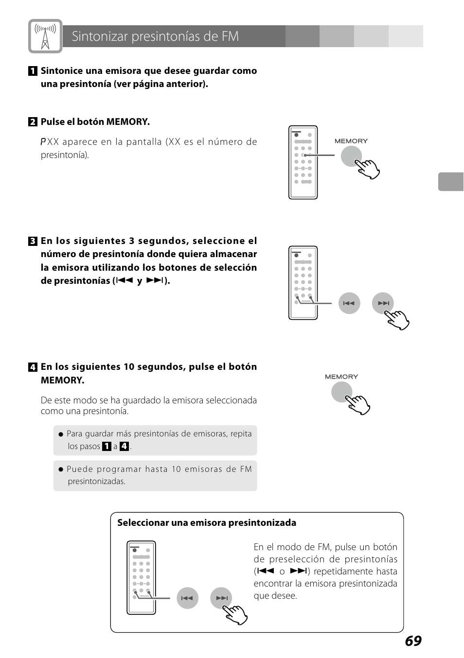 Sintonizar presintonías de fm | Teac SR-LUXi User Manual | Page 69 / 84