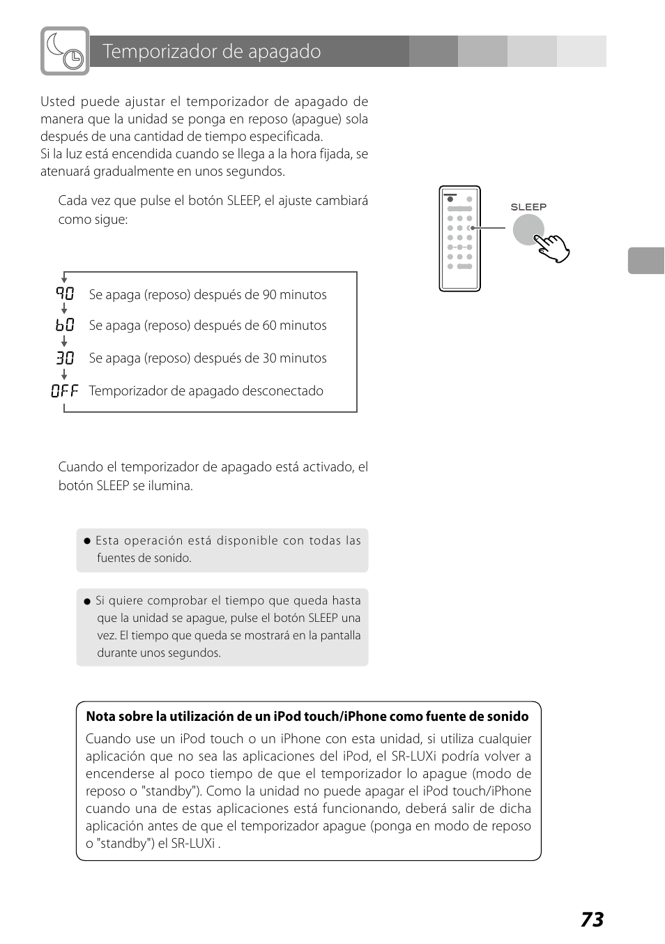 Temporizador de apagado, Temporizador despertador | Teac SR-LUXi User Manual | Page 73 / 84