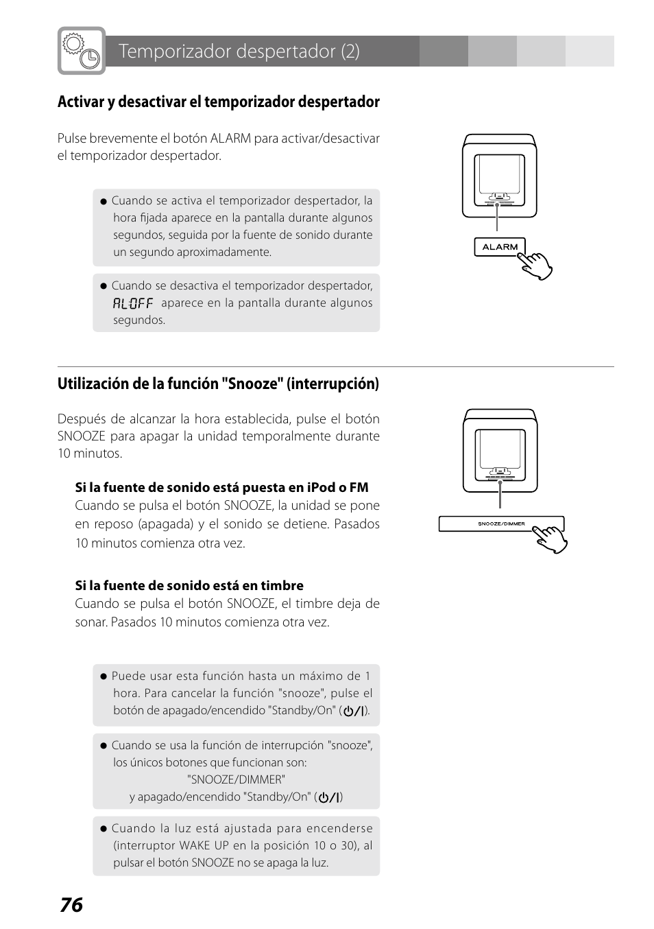 Solución de posibles fallos, Temporizador despertador (2), Activar y desactivar el temporizador despertador | Utilización de la función "snooze" (interrupción) | Teac SR-LUXi User Manual | Page 76 / 84