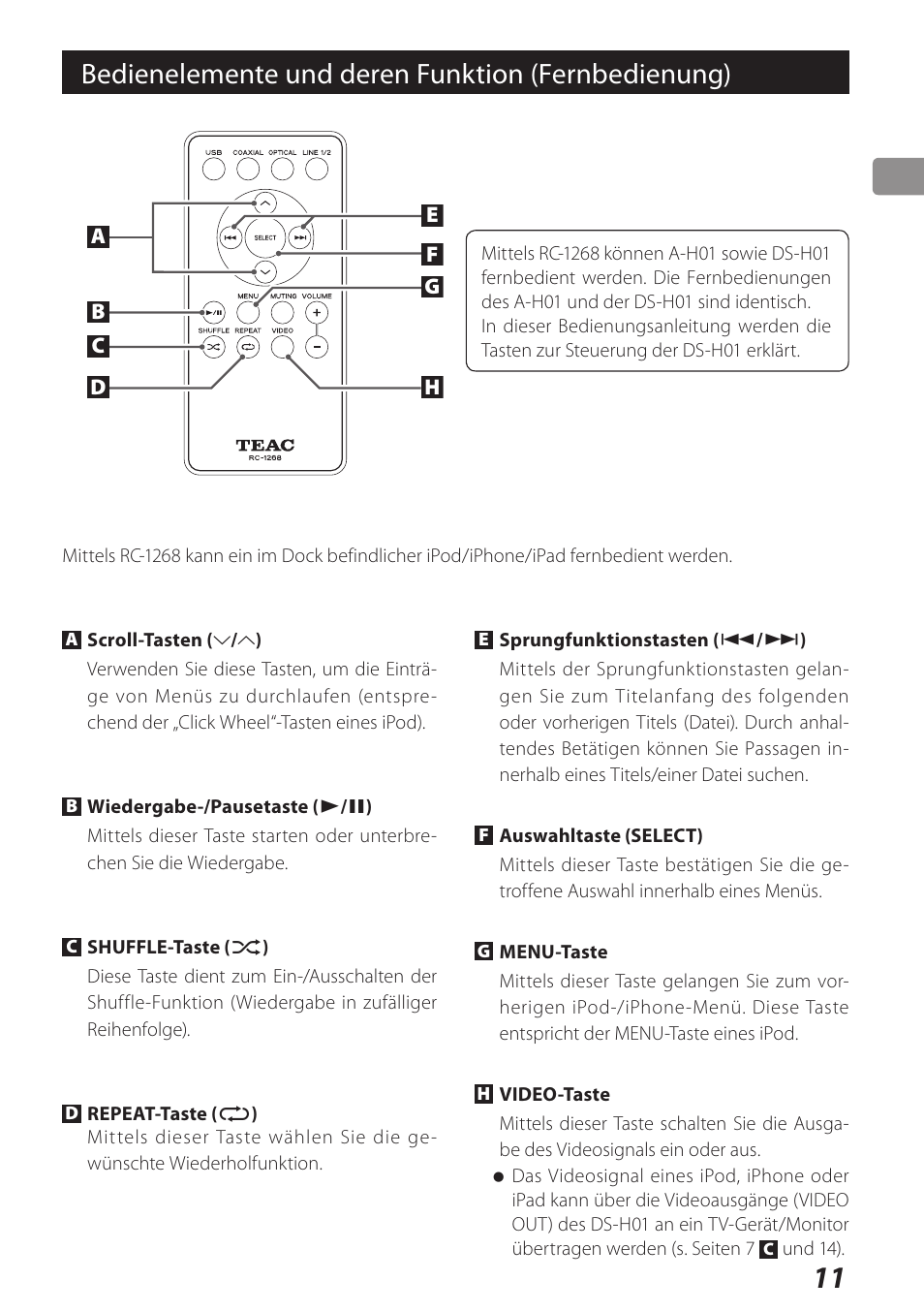 Bedienelemente und deren funktion (fernbedienung) | Teac DS-H01 User Manual | Page 11 / 32