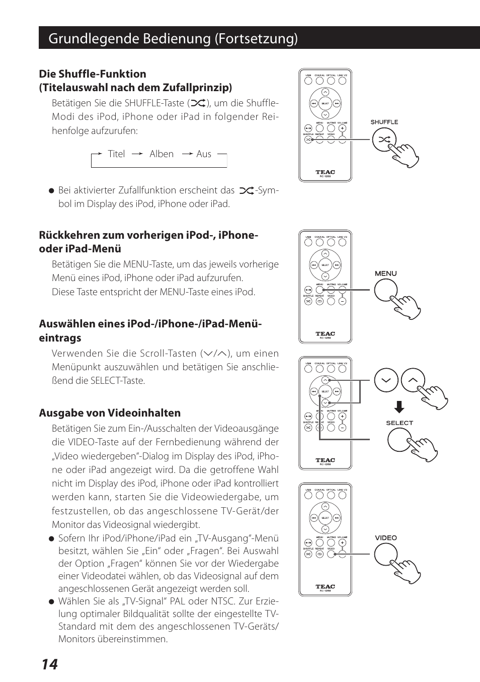 Grundlegende bedienung (fortsetzung) | Teac DS-H01 User Manual | Page 14 / 32