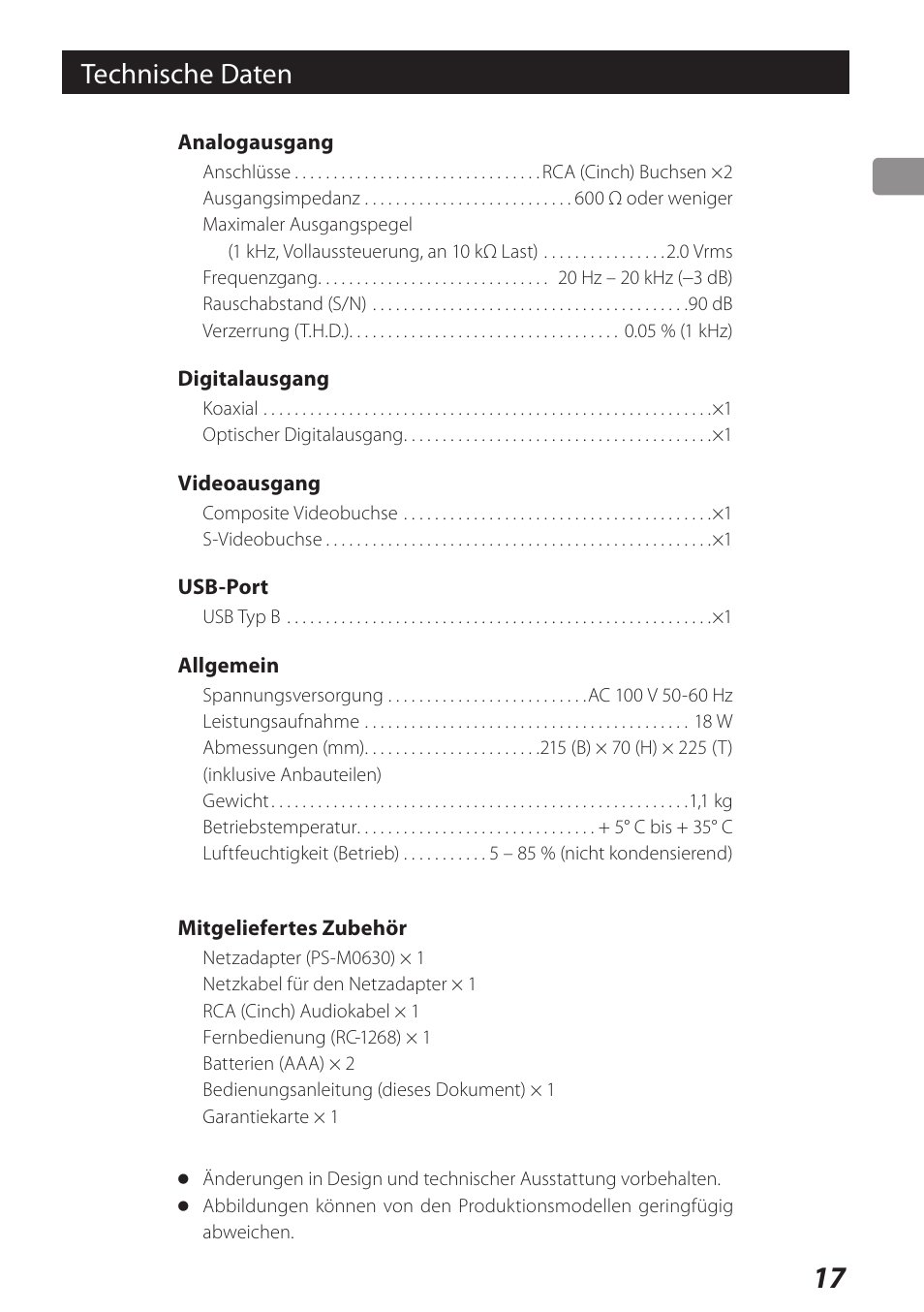 Technische daten | Teac DS-H01 User Manual | Page 17 / 32