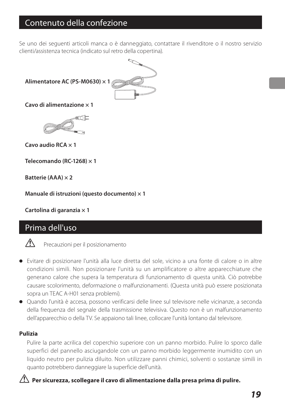 Contenuto della confezione, Prima dell'uso | Teac DS-H01 User Manual | Page 19 / 32