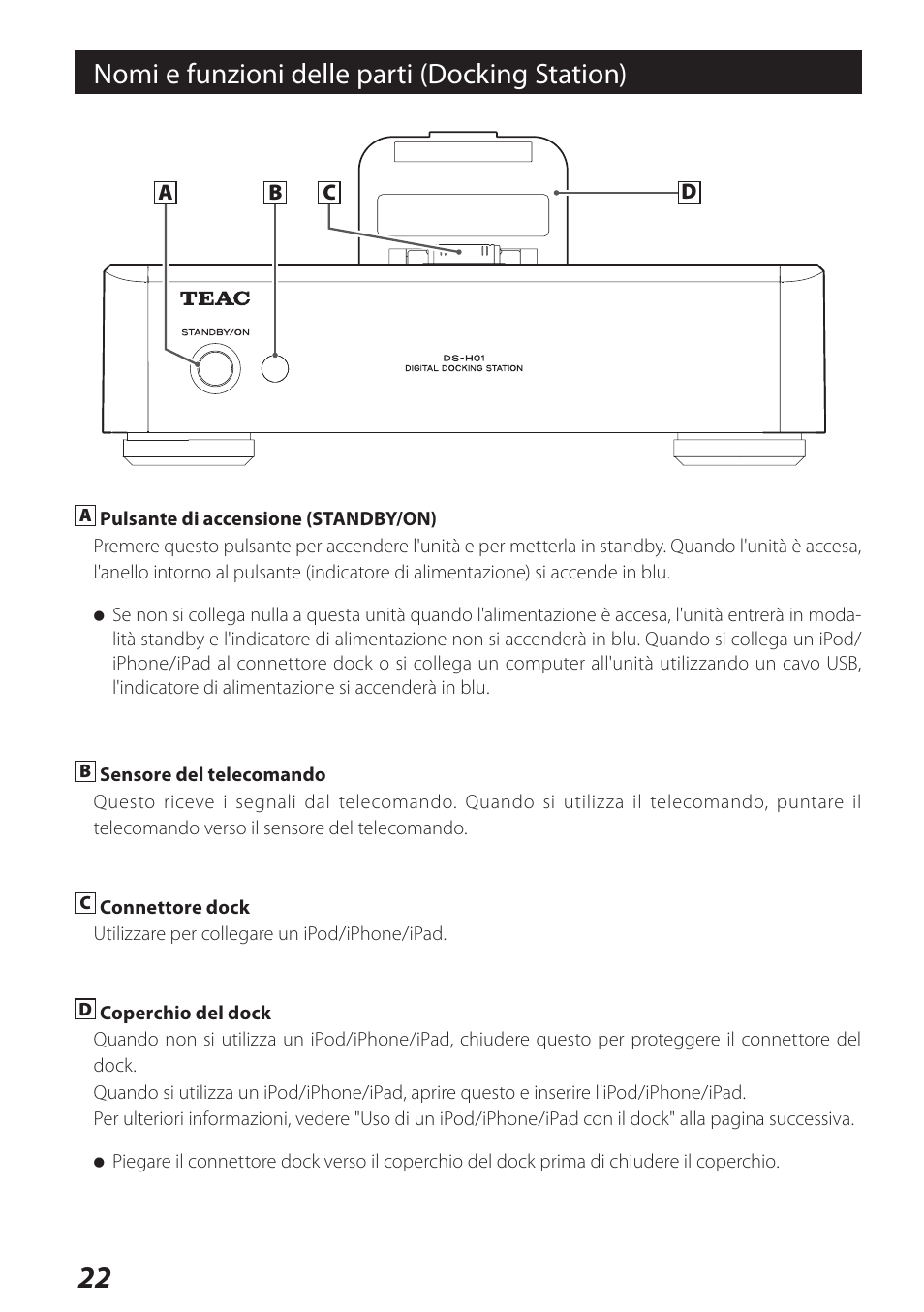 Nomi e funzioni delle parti (docking station) | Teac DS-H01 User Manual | Page 22 / 32