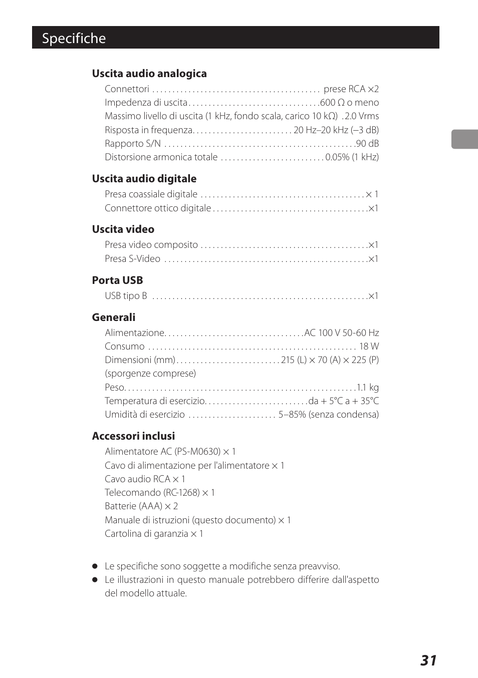 Specifiche | Teac DS-H01 User Manual | Page 31 / 32