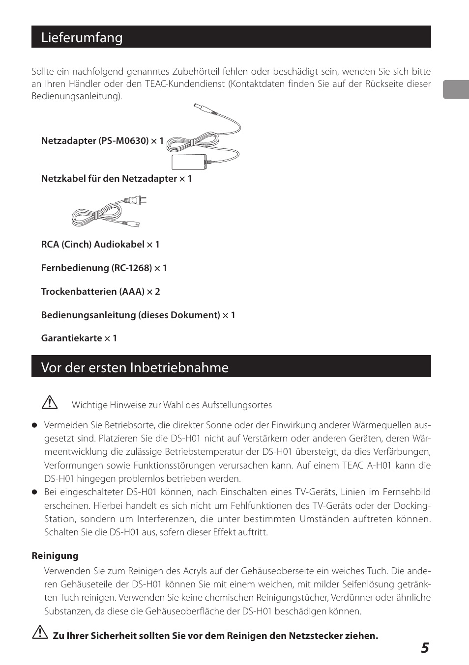 Lieferumfang, Vor der ersten inbetriebnahme | Teac DS-H01 User Manual | Page 5 / 32