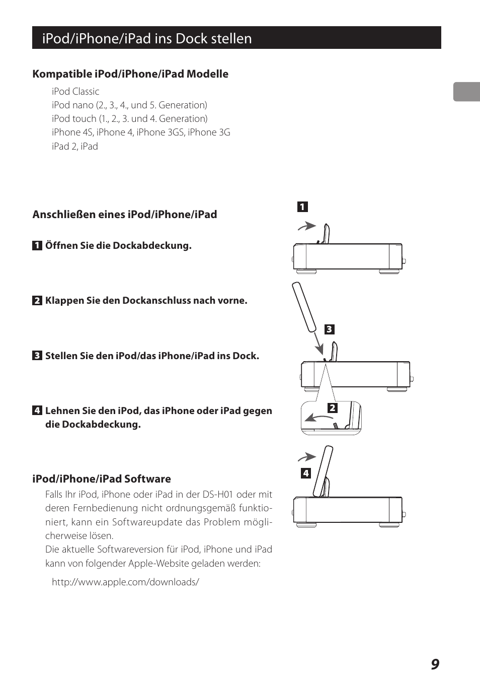 Ipod/iphone/ipad ins dock stellen | Teac DS-H01 User Manual | Page 9 / 32