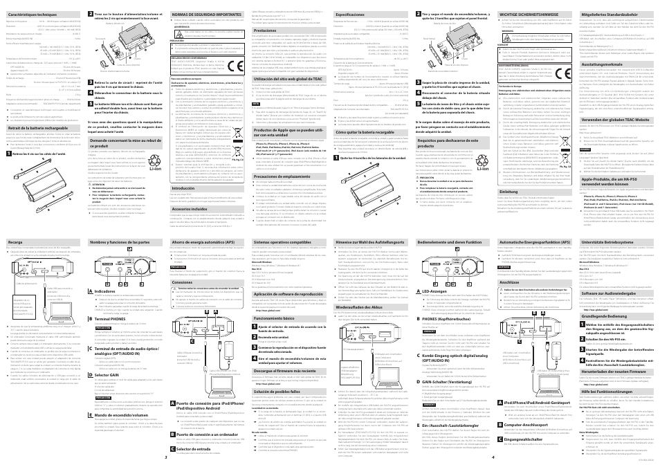 Caractéristiques techniques, Retrait de la batterie rechargeable, Demande concernant la mise au rebut de ce produit | Español, Normas de seguridad importantes, Introducción, Accesorios incluidos, Prestaciones, Utilización del sitio web global de teac, Precauciones de emplazamiento | Teac HA-P50 User Manual | Page 2 / 4