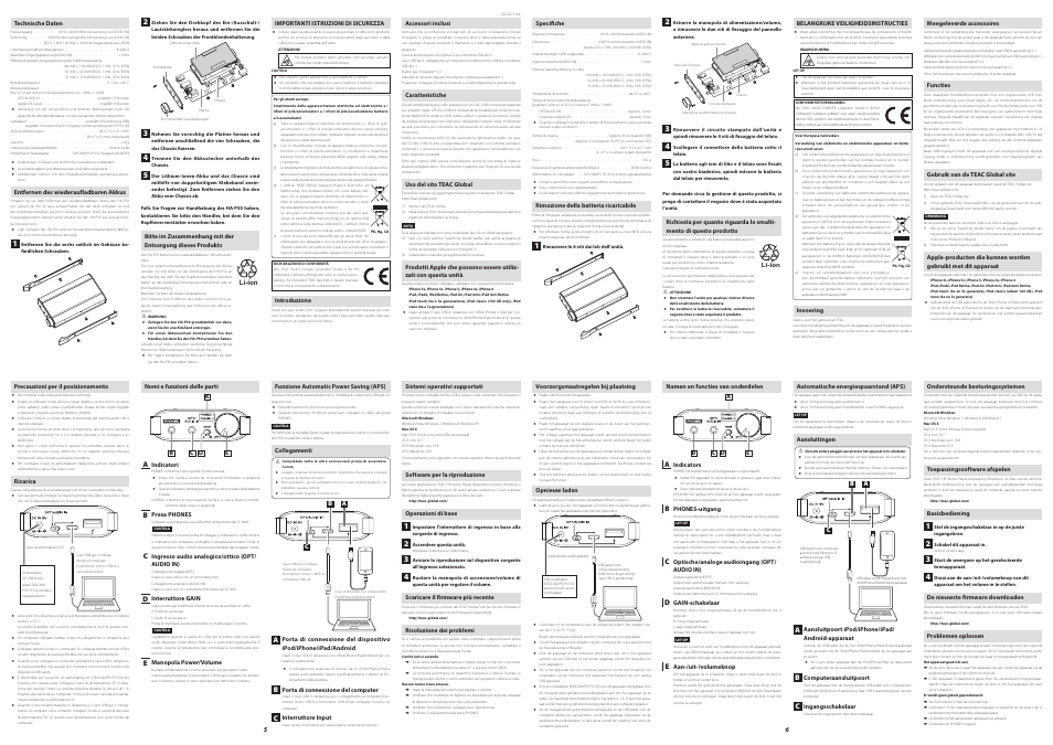 Technische daten, Entfernen des wiederaufladbaren akkus, Italiano | Importanti istruzioni di sicurezza, Introduzione, Accessori inclusi, Caratteristiche, Uso del sito teac global, Precauzioni per il posizionamento, Ricarica | Teac HA-P50 User Manual | Page 3 / 4