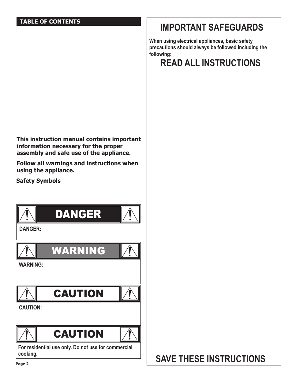 Danger, Warning, Caution | Important safeguards, Read all instructions, Save these instructions | Char-Broil VERTICAL ELETRIC SMOKER 11201677 User Manual | Page 2 / 16