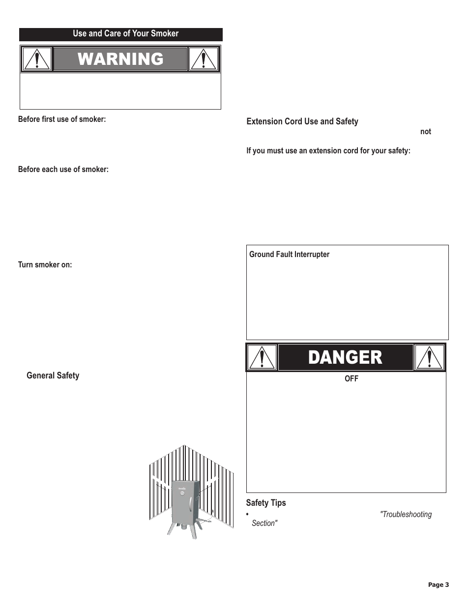 Danger, Warning | Char-Broil VERTICAL ELETRIC SMOKER 11201677 User Manual | Page 3 / 16