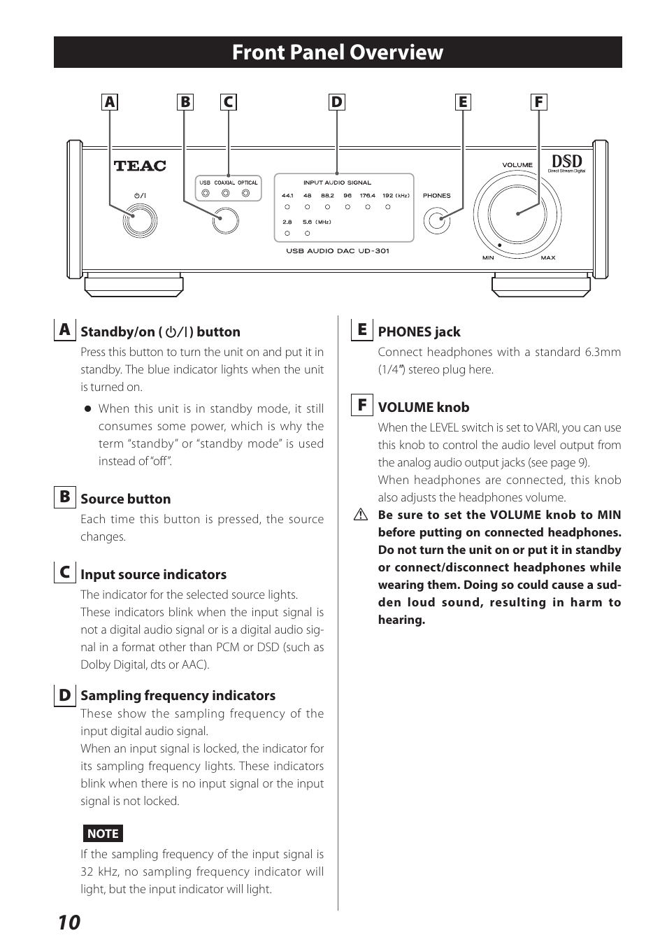 Front panel overview, 10 front panel overview | Teac UD-301 User Manual | Page 10 / 48