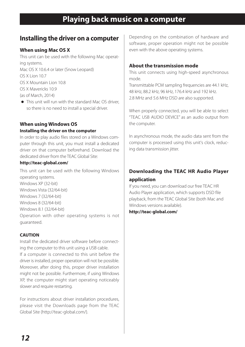 Playing back music on a computer, 12 playing back music on a computer, Installing the driver on a computer | Teac UD-301 User Manual | Page 12 / 48