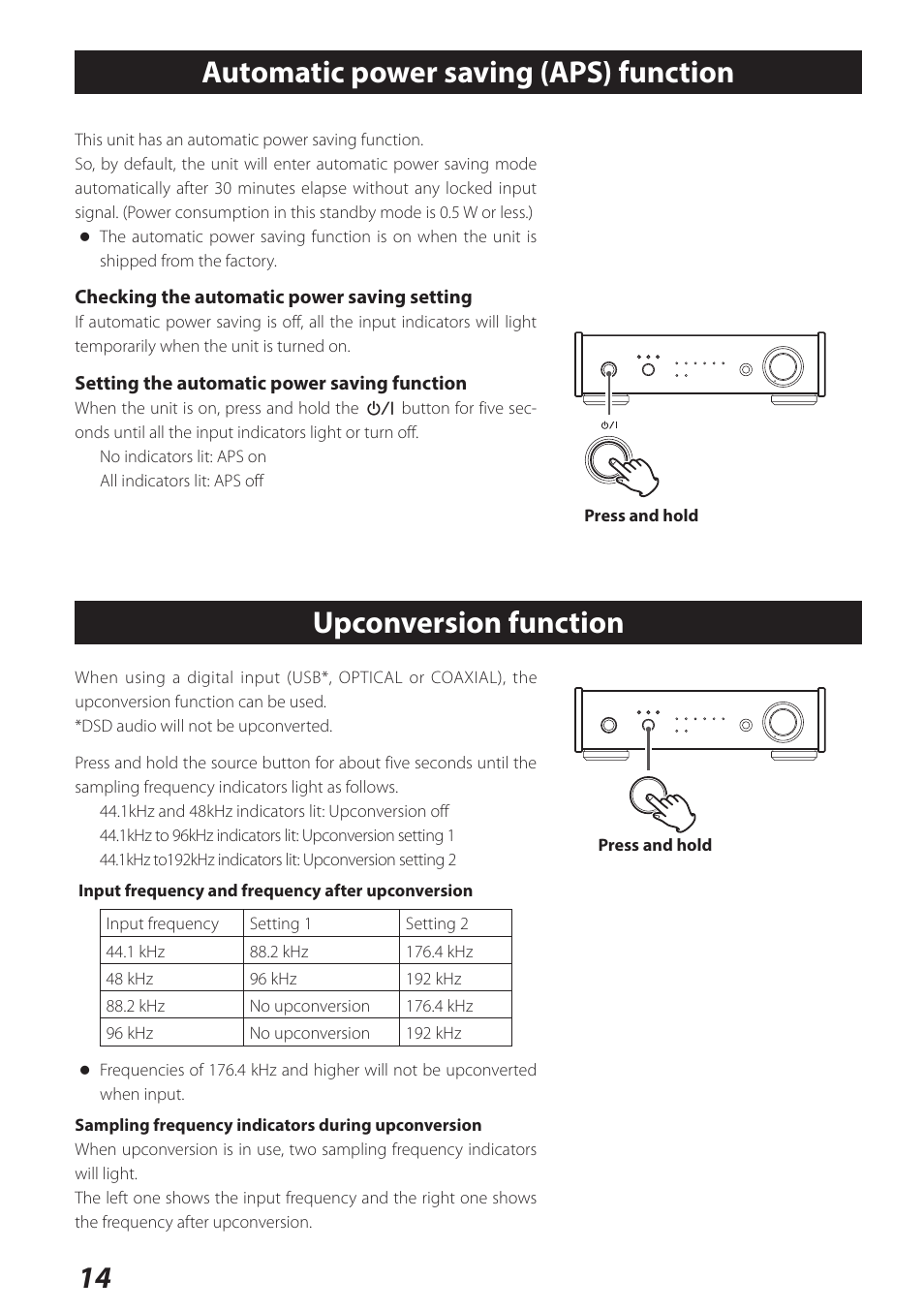 Automatic power saving (aps) function, Upconversion function | Teac UD-301 User Manual | Page 14 / 48