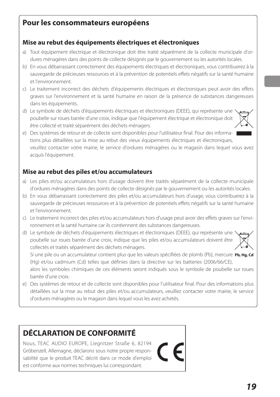 Pour les consommateurs européens, Déclaration de conformité | Teac UD-301 User Manual | Page 19 / 48