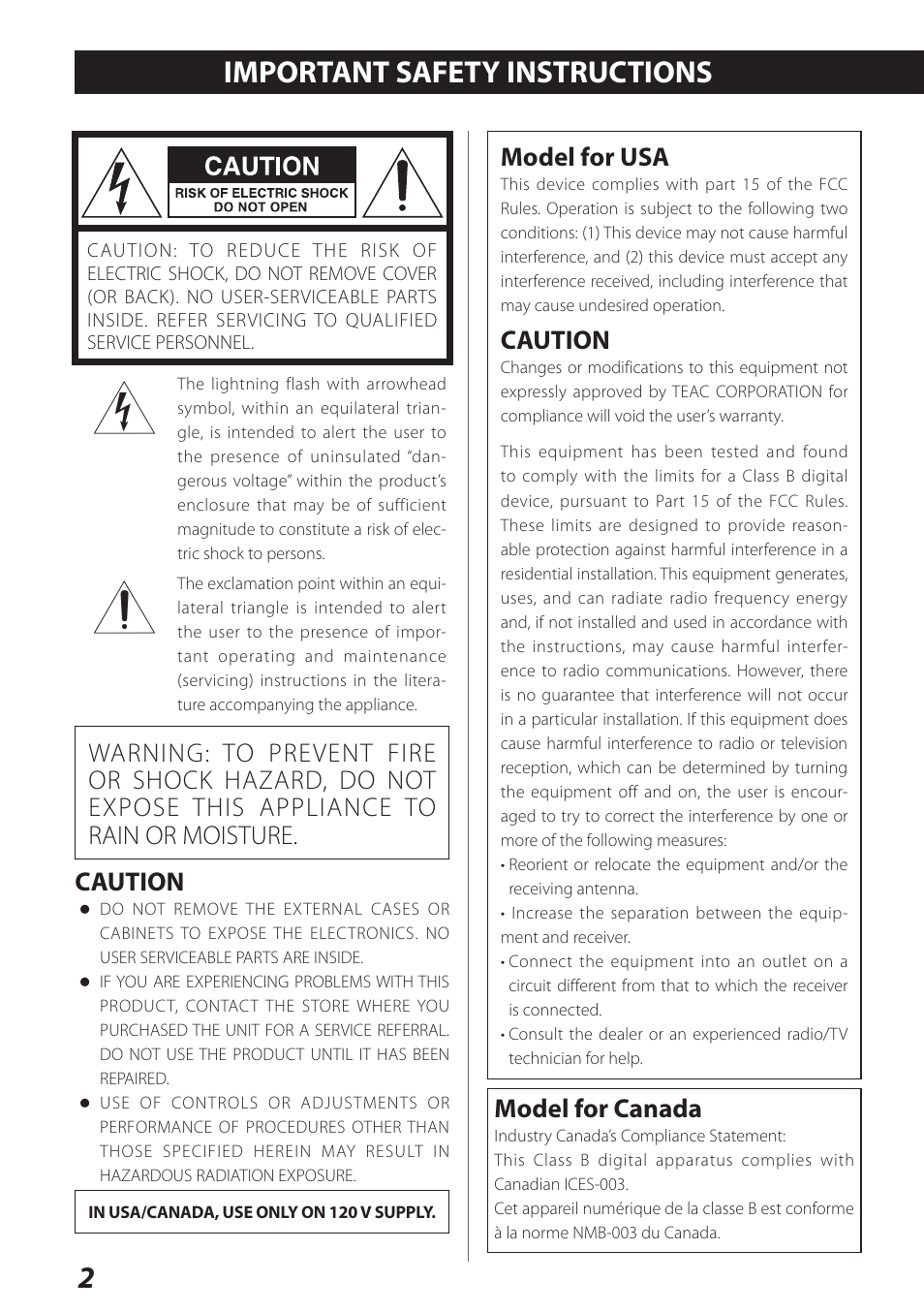 English, Important safety instructions, Model for usa | Caution, Model for canada | Teac UD-301 User Manual | Page 2 / 48