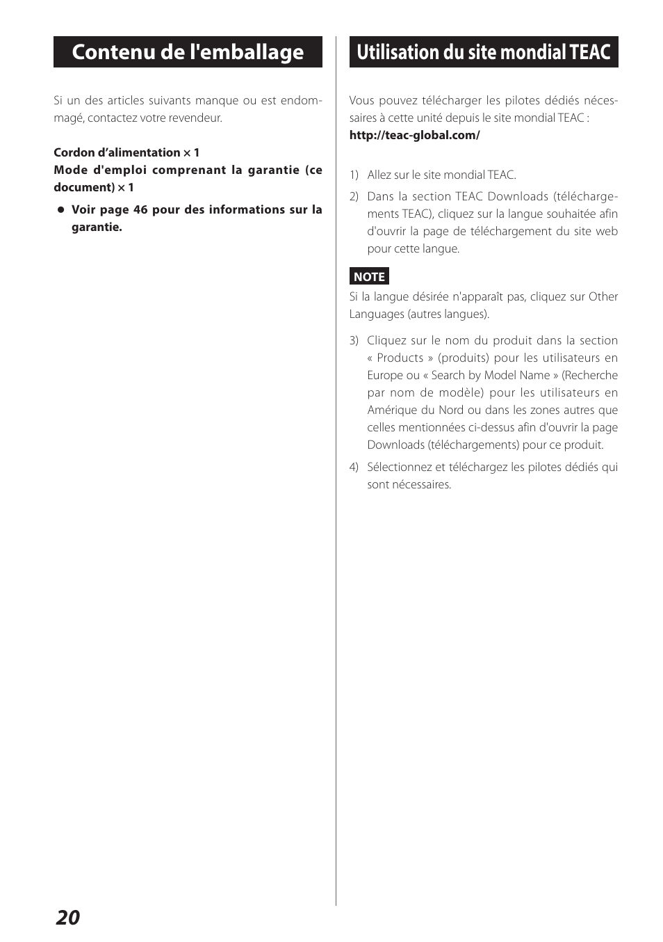 Contenu de l'emballage, Utilisation du site mondial teac, 20 contenu de l'emballage | Teac UD-301 User Manual | Page 20 / 48