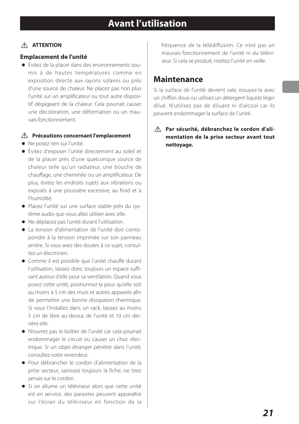 Avant l’utilisation, Maintenance | Teac UD-301 User Manual | Page 21 / 48