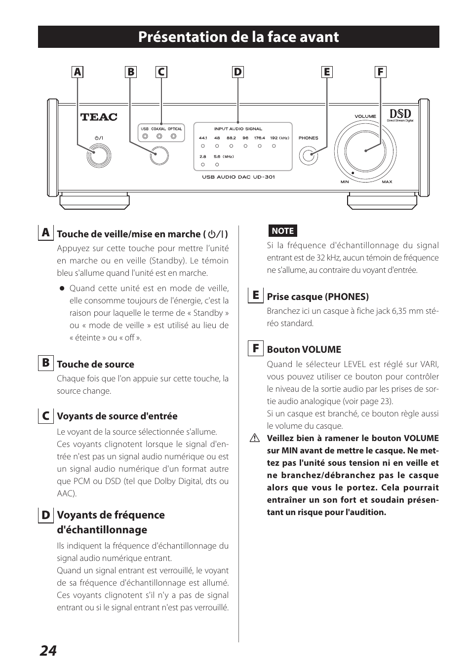 Présentation de la face avant, 24 présentation de la face avant | Teac UD-301 User Manual | Page 24 / 48