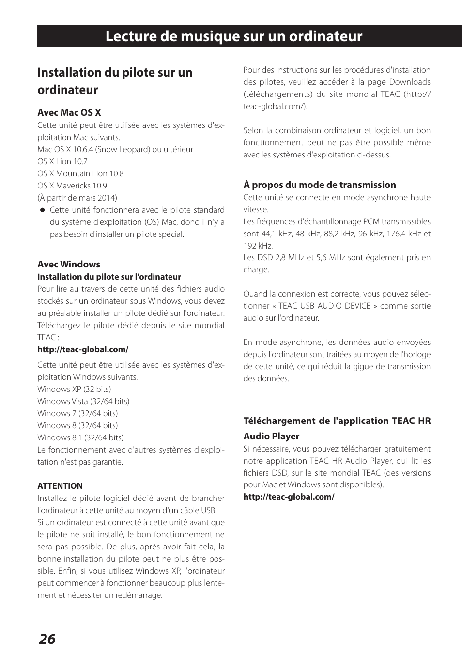 Lecture de musique sur un ordinateur, 26 lecture de musique sur un ordinateur, Installation du pilote sur un ordinateur | Teac UD-301 User Manual | Page 26 / 48